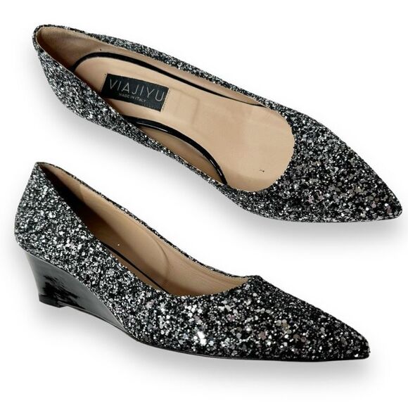 Viajiyu Trento Pointed Toe Pewter Silver Glitter Patent Black Wedge Size 37/6.5 - Picture 1 of 7